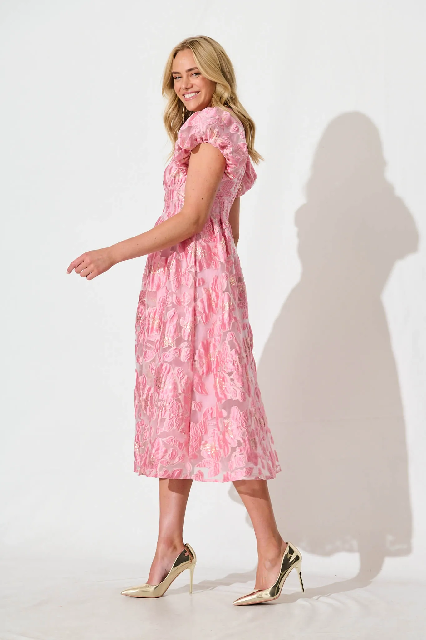 Cherish Midi Dress in Pink Floral Organza Jacquard sold by St Frock product image thumbnail 3