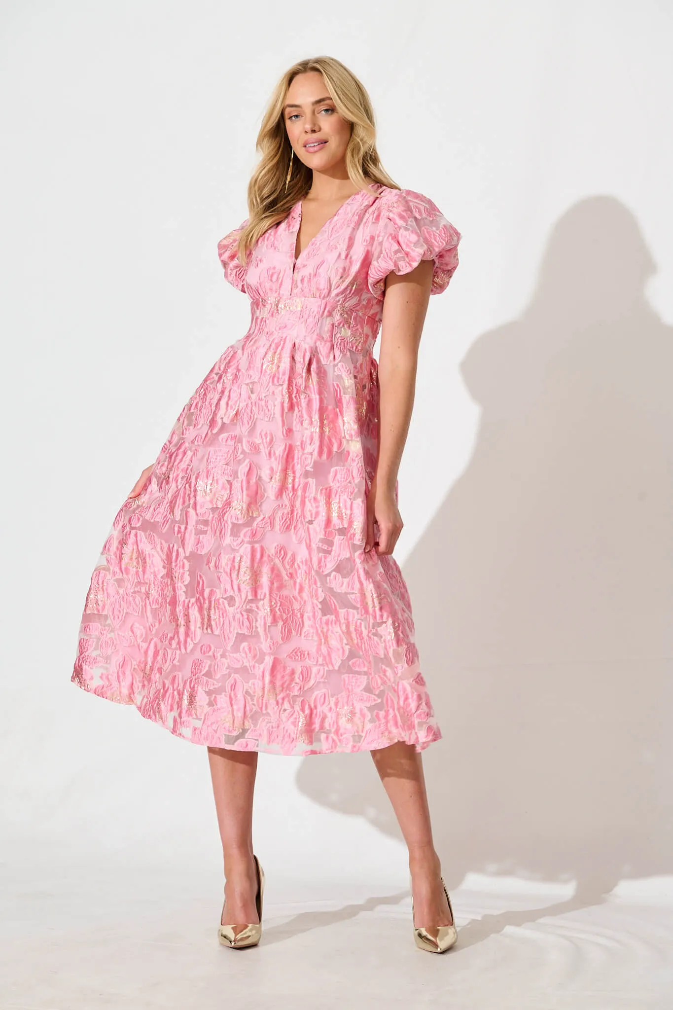 Cherish Midi Dress in Pink Floral Organza Jacquard sold by St Frock