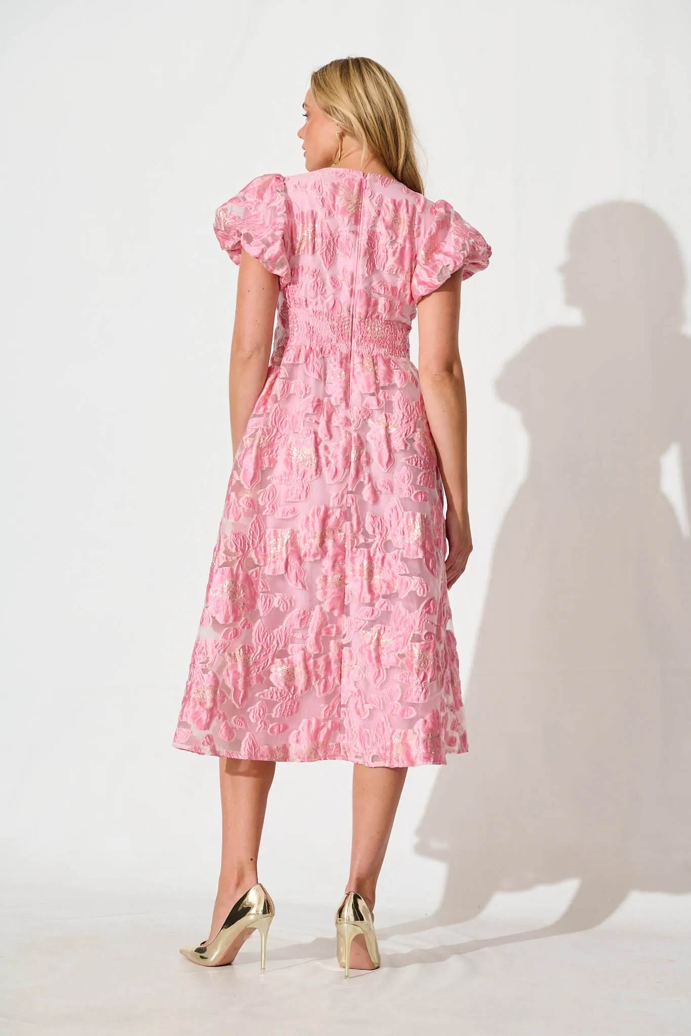 Cherish Midi Dress in Pink Floral Organza Jacquard sold by St Frock product image thumbnail 4