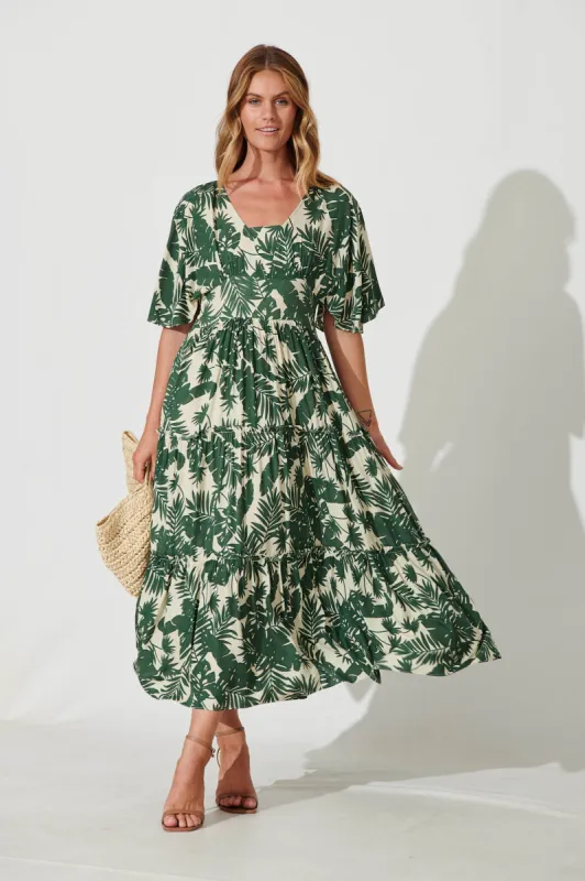 Cameo Maxi Dress In White With Green Leaf Print sold by St Frock