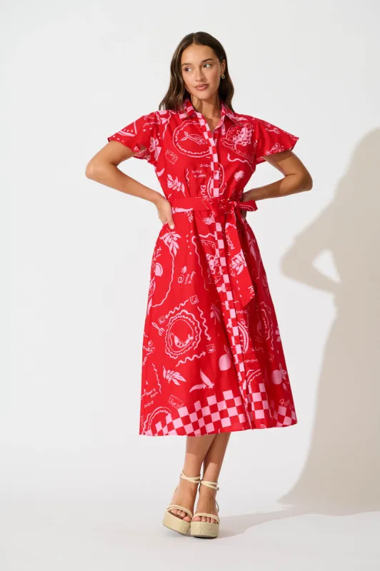 Yazmin Midi Shirt Dress in Red with Pink Border Cotton sold by St Frock