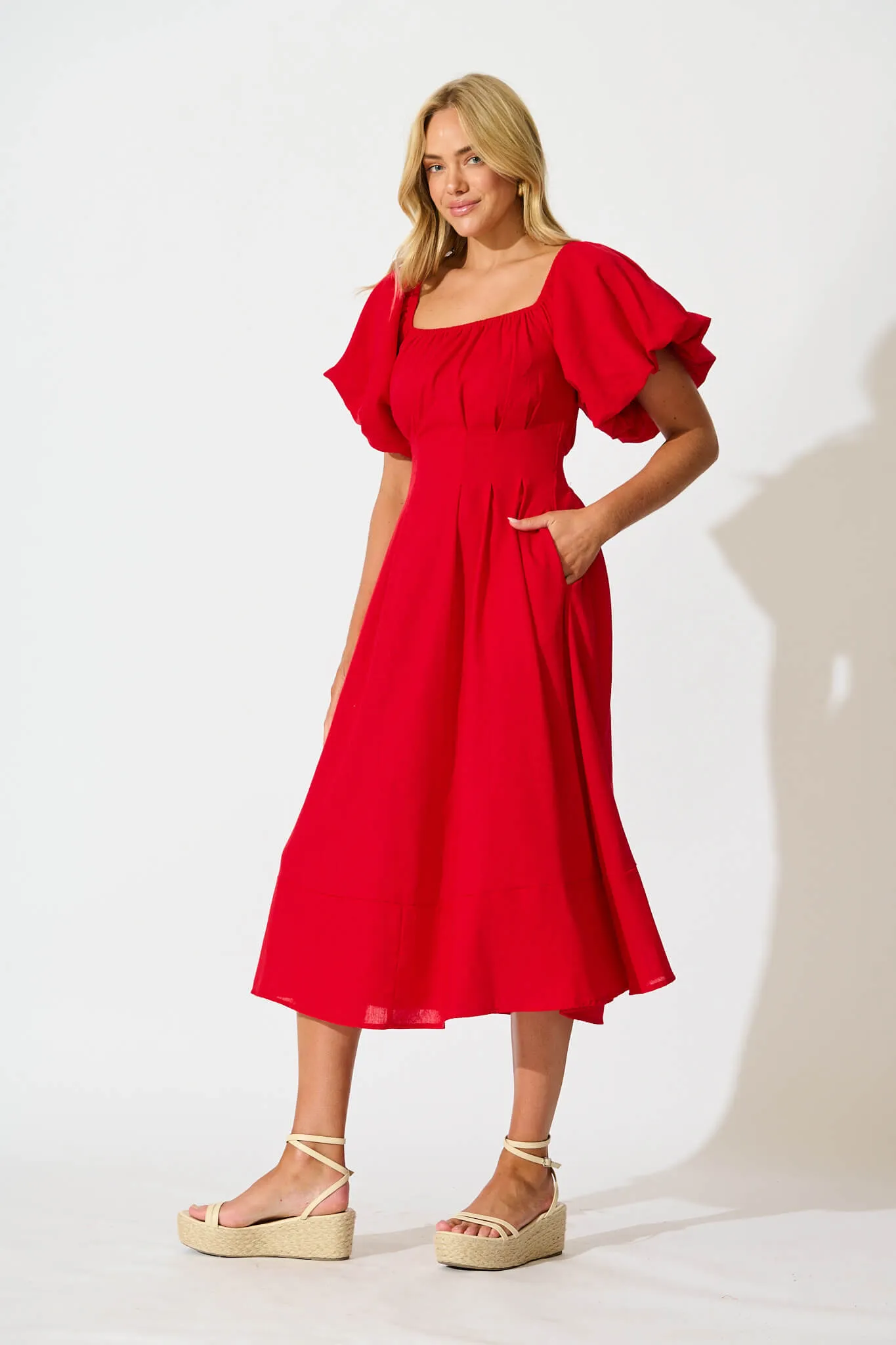 Wintour Midi Dress In Red Linen Blend sold by St Frock product image thumbnail 3