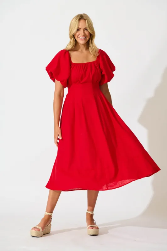 Wintour Midi Dress In Red Linen Blend sold by St Frock