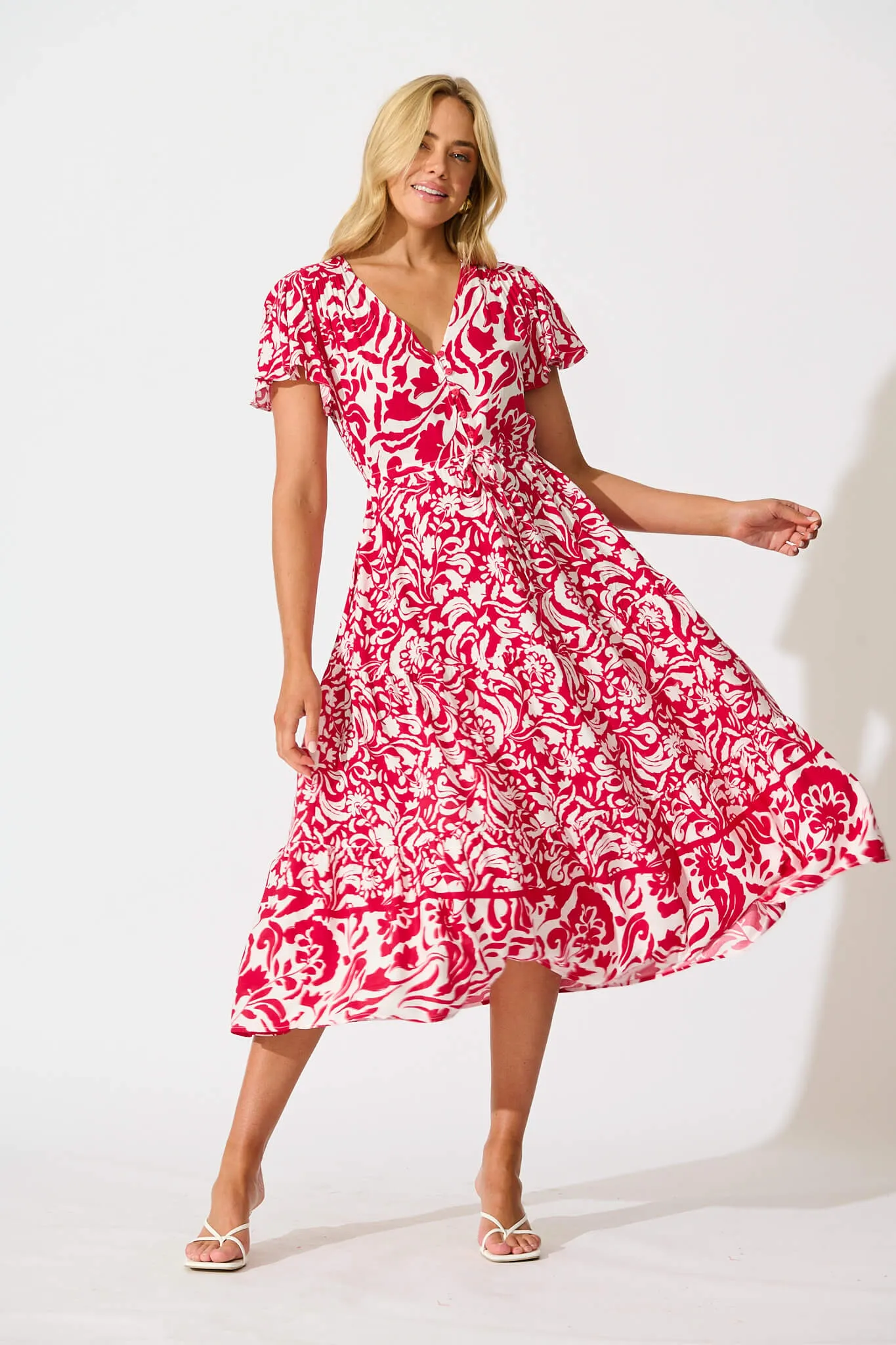 Saturday Midi Dress in Raspberry with White Print sold by St Frock