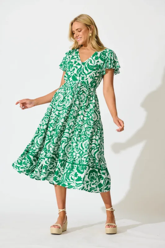 Saturday Midi Dress in Green with White Print sold by St Frock