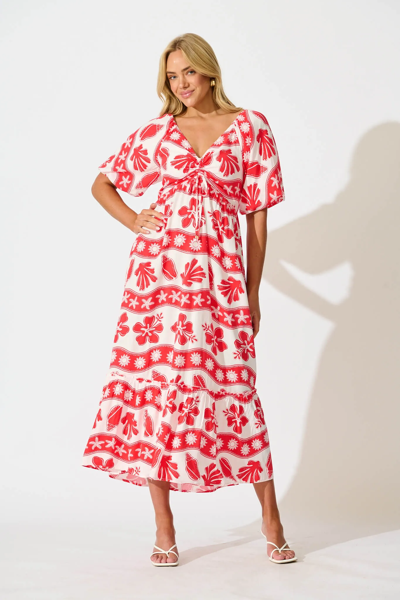 Coverdale Maxi Dress in Red with White Print sold by St Frock