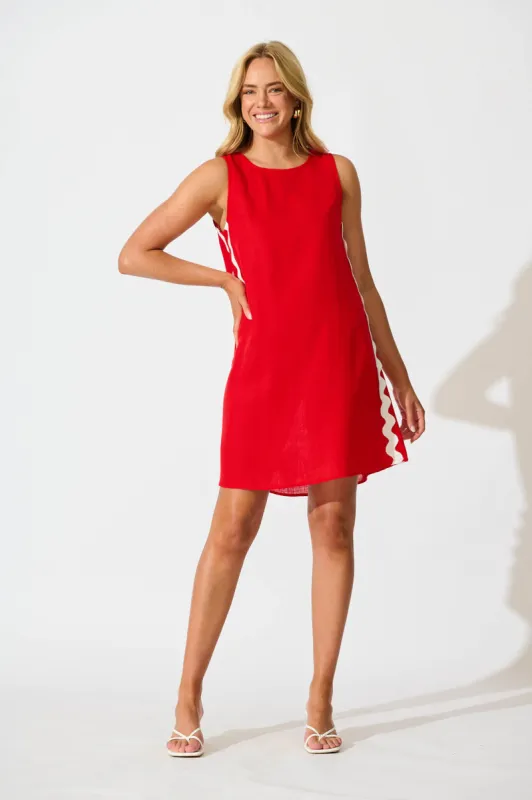 Dana Dress in Red With White Ric Rac Trim Linen Blend sold by St Frock