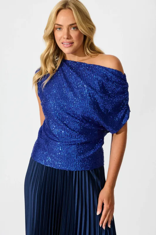 Liana Off Shoulder Top in Cobalt Blue Sequin sold by St Frock