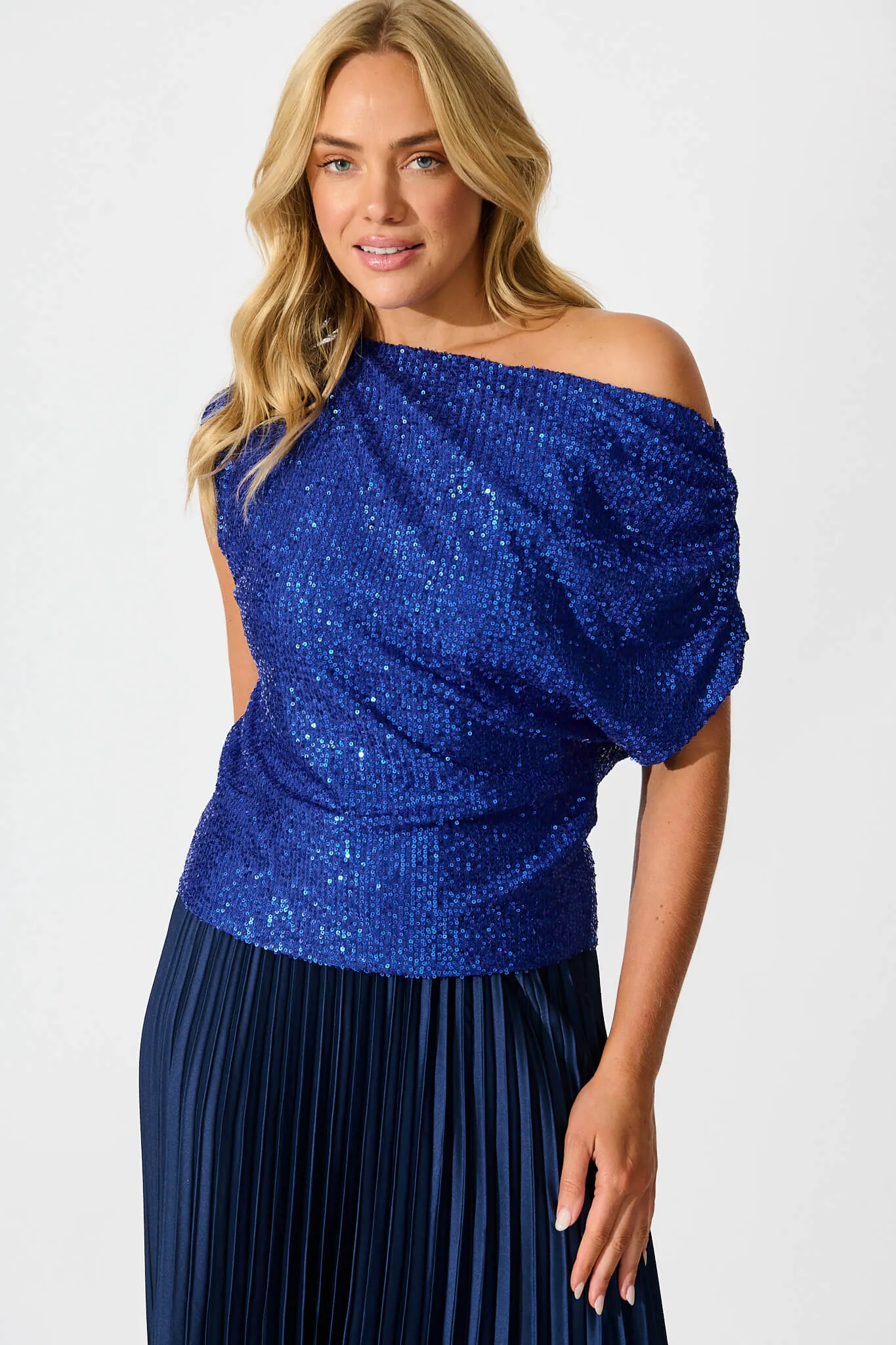 Liana Off Shoulder Top in Cobalt Blue Sequin sold by St Frock