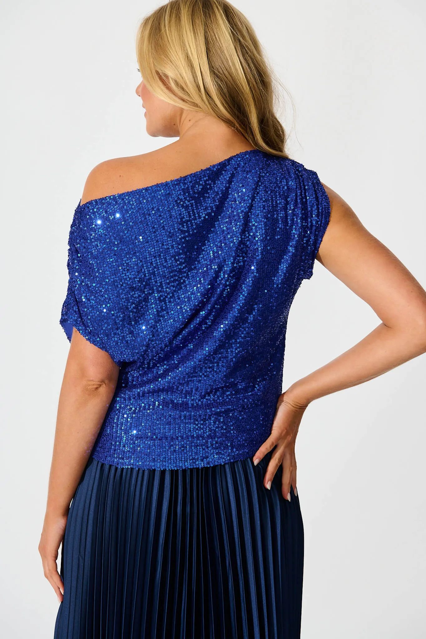 Liana Off Shoulder Top in Cobalt Blue Sequin sold by St Frock product image thumbnail 3