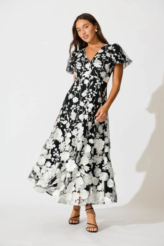 Nashira Maxi Dress in Black and White Embroidered Tulle sold by St Frock