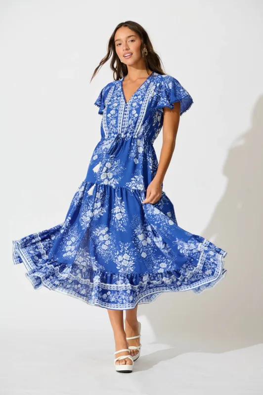 Alice Maxi Dress in Blue with White Floral sold by St Frock