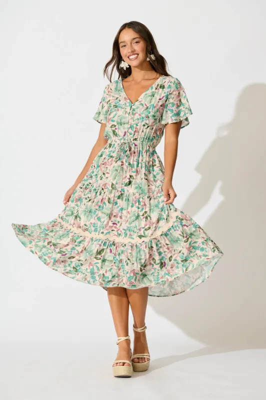 Laconia Midi Dress In White With Teal Floral sold by St Frock