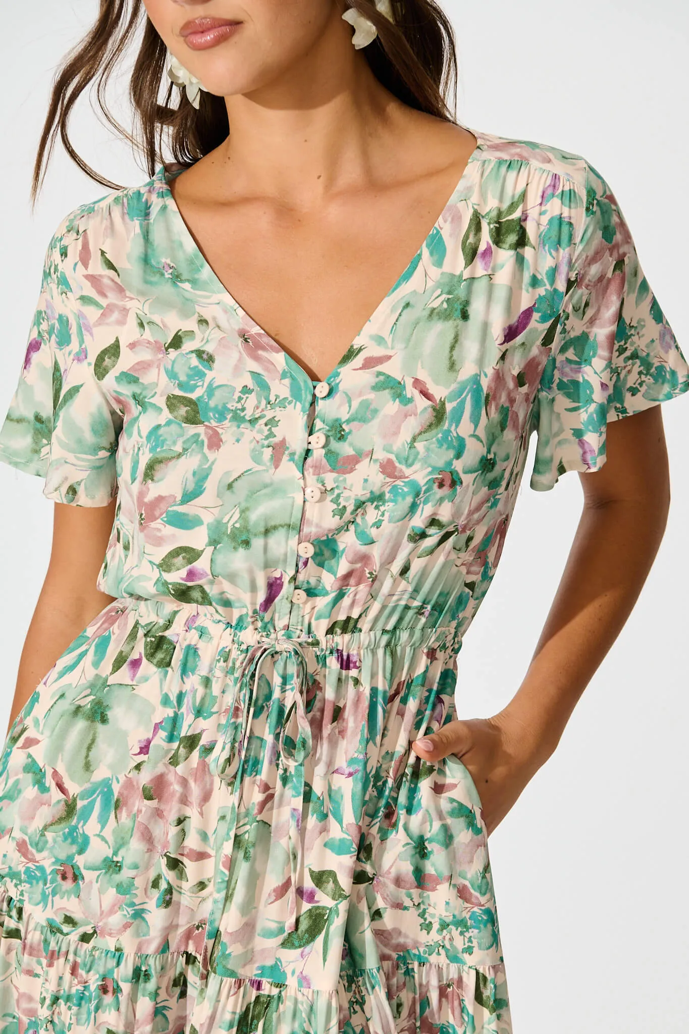 Laconia Midi Dress In White With Teal Floral sold by St Frock product image thumbnail 5