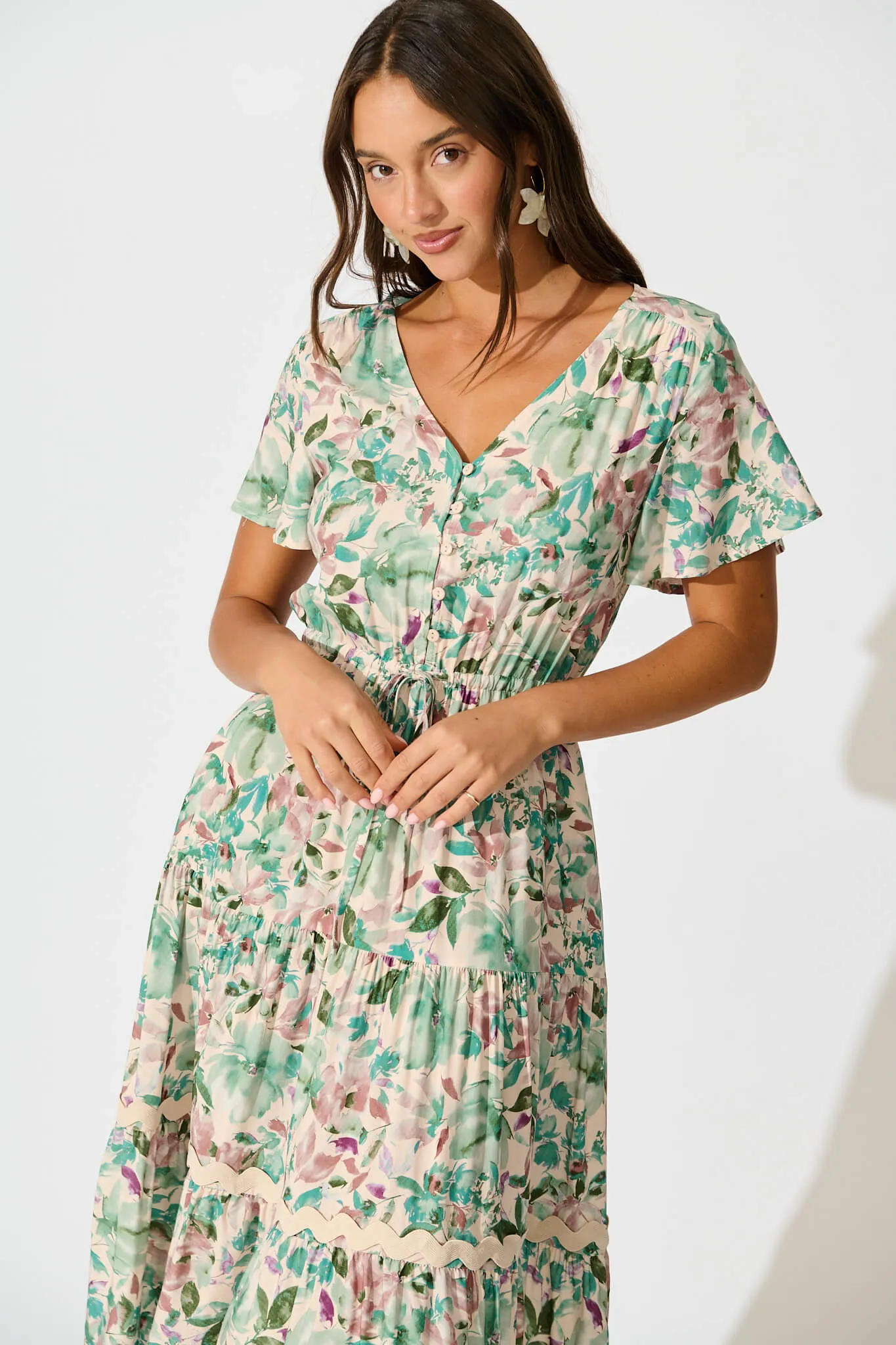 Laconia Midi Dress In White With Teal Floral sold by St Frock product image thumbnail 2