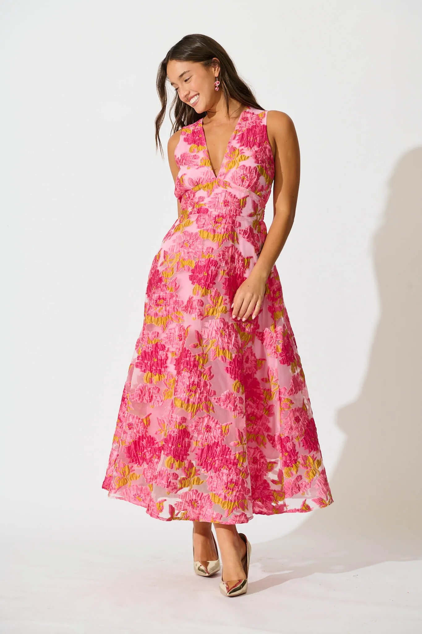 Opuluxe Maxi Dress In Pink Floral Organza Jacquard sold by St Frock