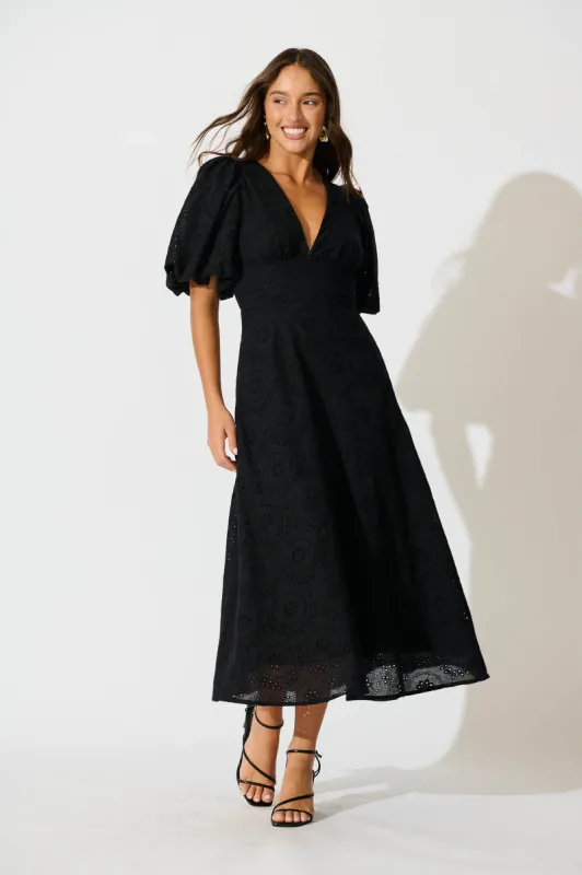 Duchess Maxi Dress In Black Broderie Cotton sold by St Frock
