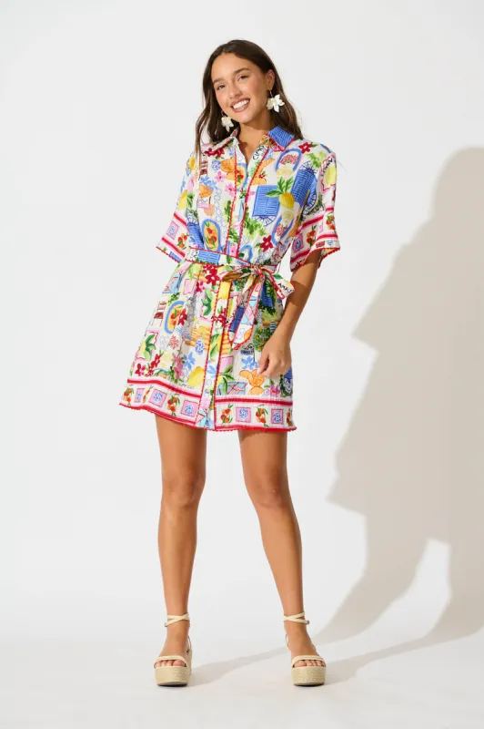 Miela Shirt Dress in White With Multi Print sold by St Frock