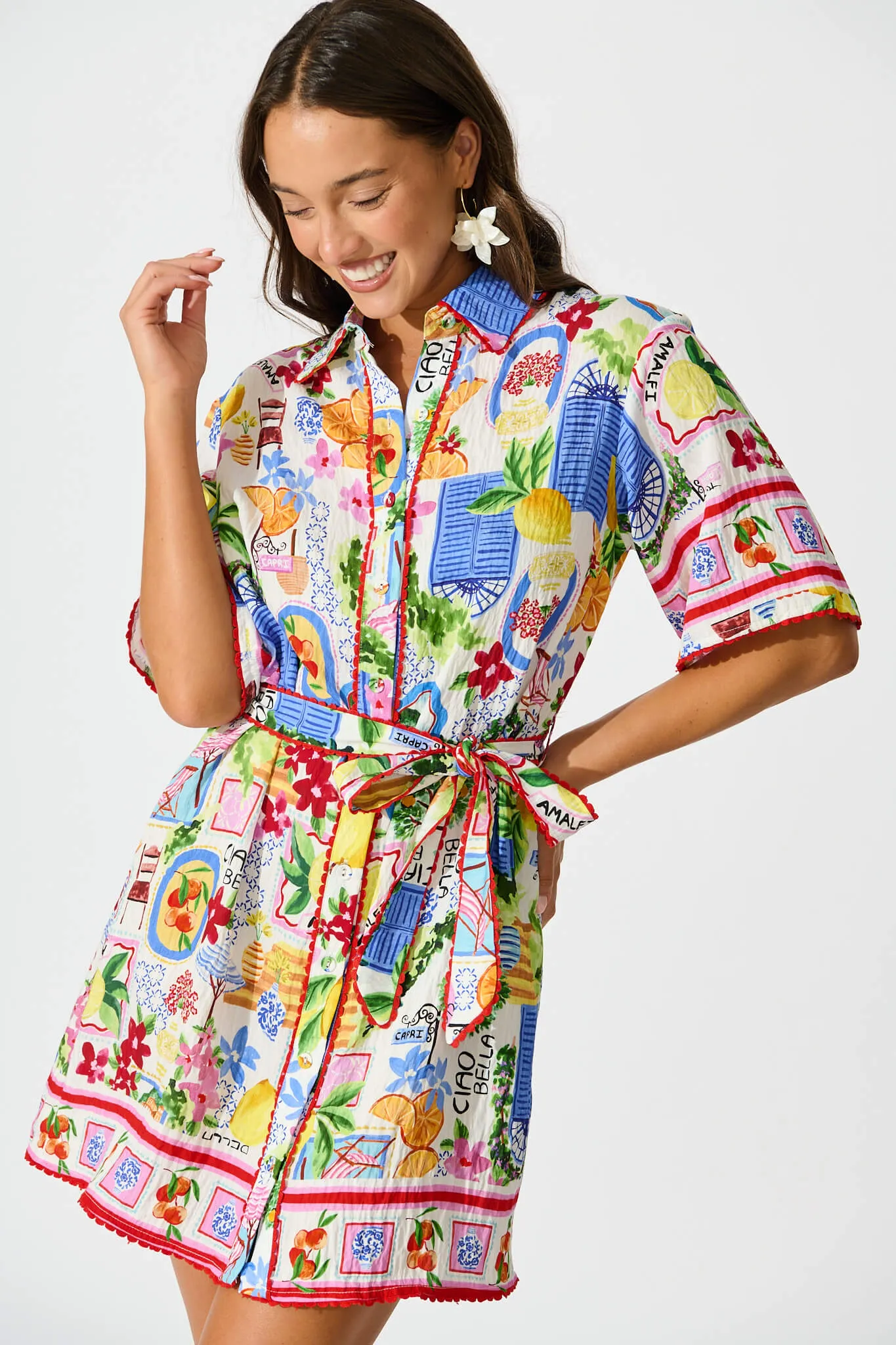 Miela Shirt Dress in White With Multi Print sold by St Frock product image thumbnail 2
