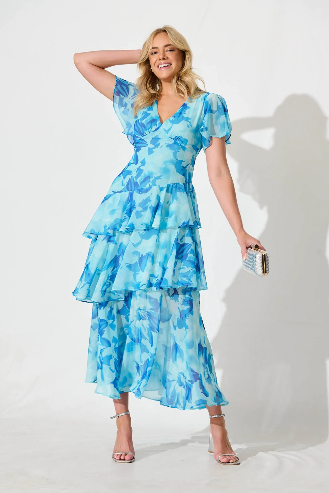 Kaela Maxi Dress Blue Watercolour Chiffon sold by St Frock