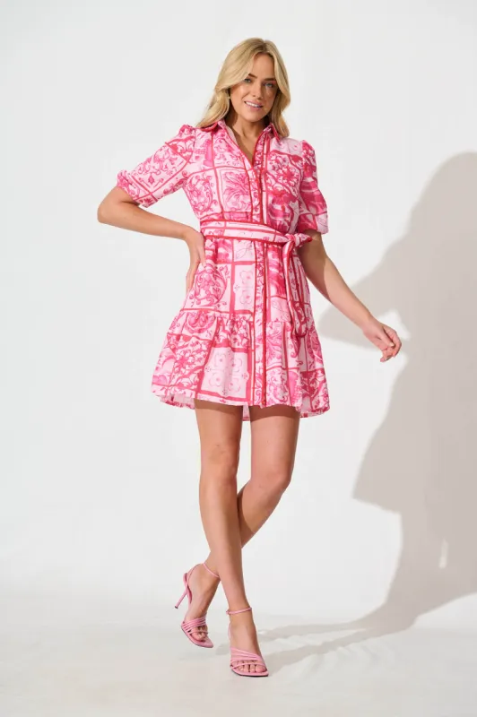 Aurelio Shirt Dress in Pink and Red Tile Print sold by St Frock