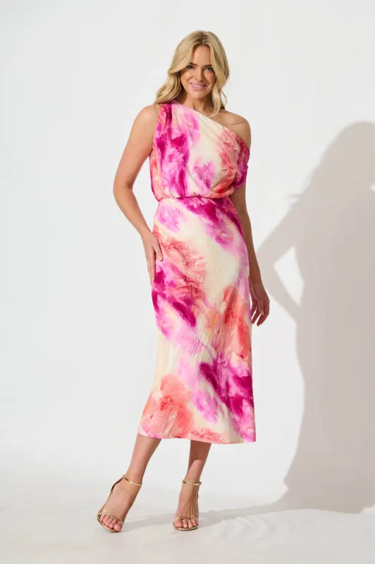 Georgiana Midi Dress in Magenta with Multi Watercolour sold by St Frock
