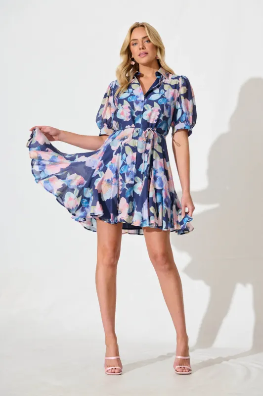 Sathia Shirt Dress in Navy Multi Watercolour Floral sold by St Frock