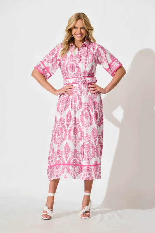 Rosella Midi Shirt Dress in White with Pink Floral Print sold by St Frock
