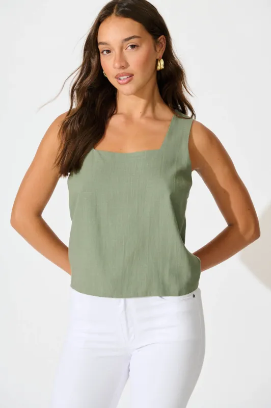 Tiami Cami Top In Khaki Linen Blend sold by St Frock