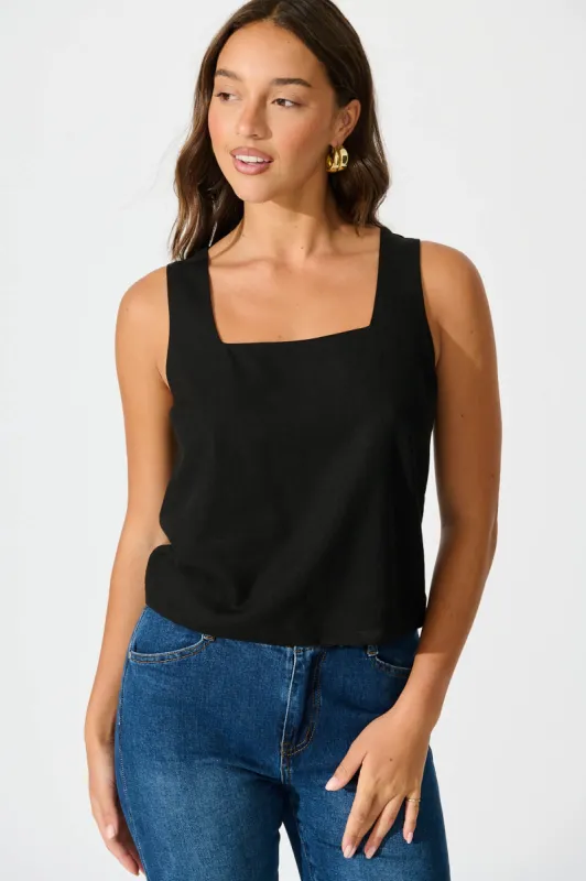 Tiami Cami Top In Black Linen Blend sold by St Frock