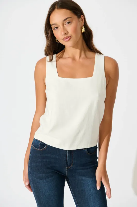 Tiami Cami Top In White Linen Blend sold by St Frock