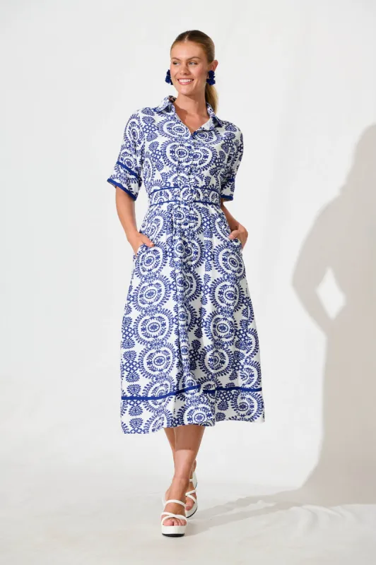 Rosella Midi Shirt Dress In White with Navy Floral Print sold by St Frock