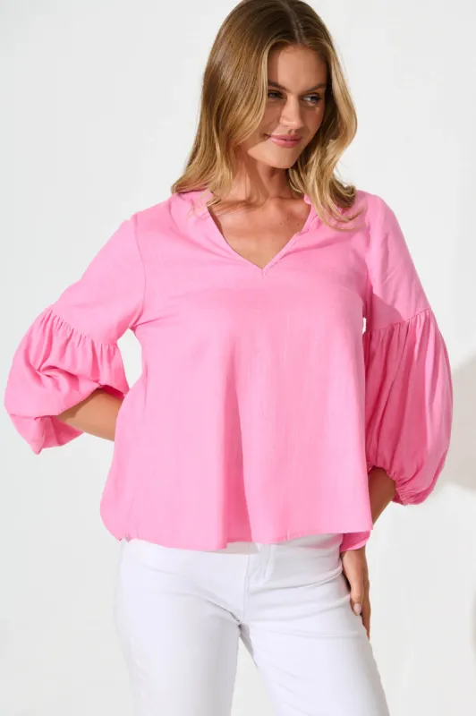 Jasper Top In Candy Pink Linen Blend sold by St Frock