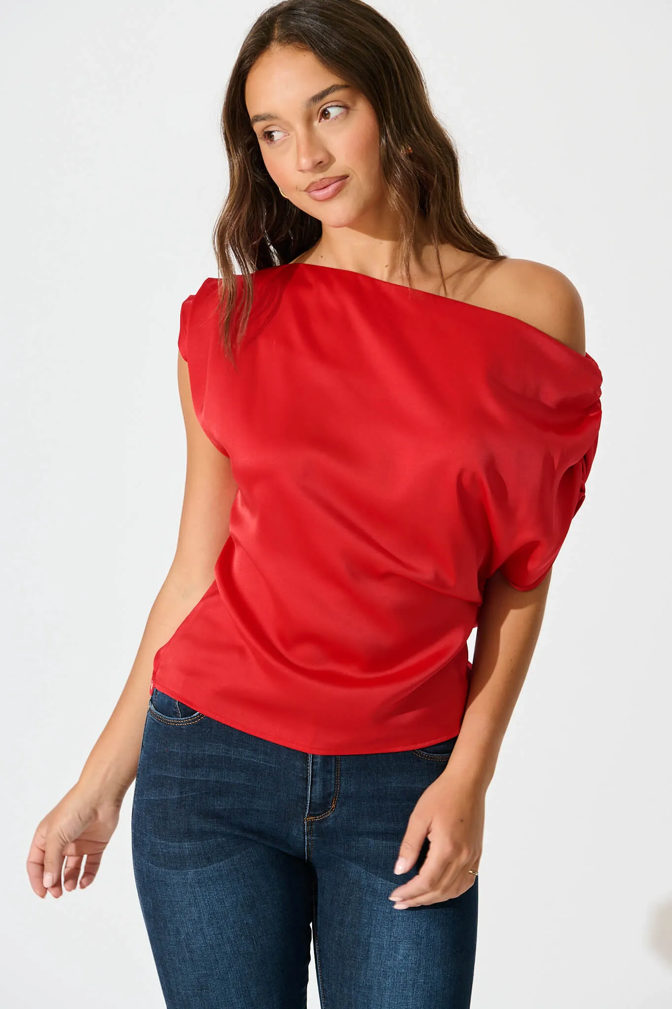 Liana Off Shoulder Top In Red Satin sold by St Frock product image thumbnail 5