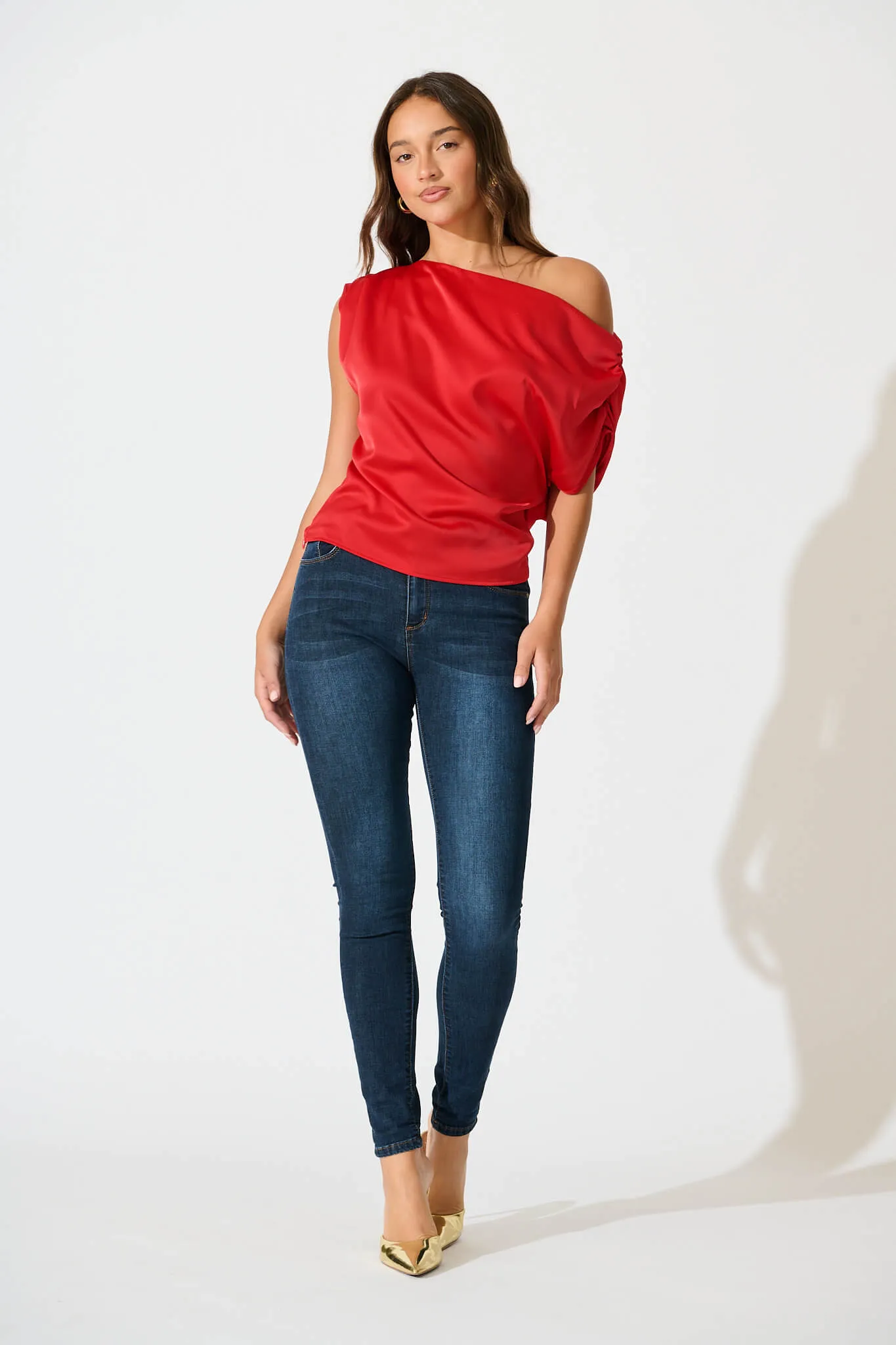 Liana Off Shoulder Top In Red Satin sold by St Frock product image thumbnail 4