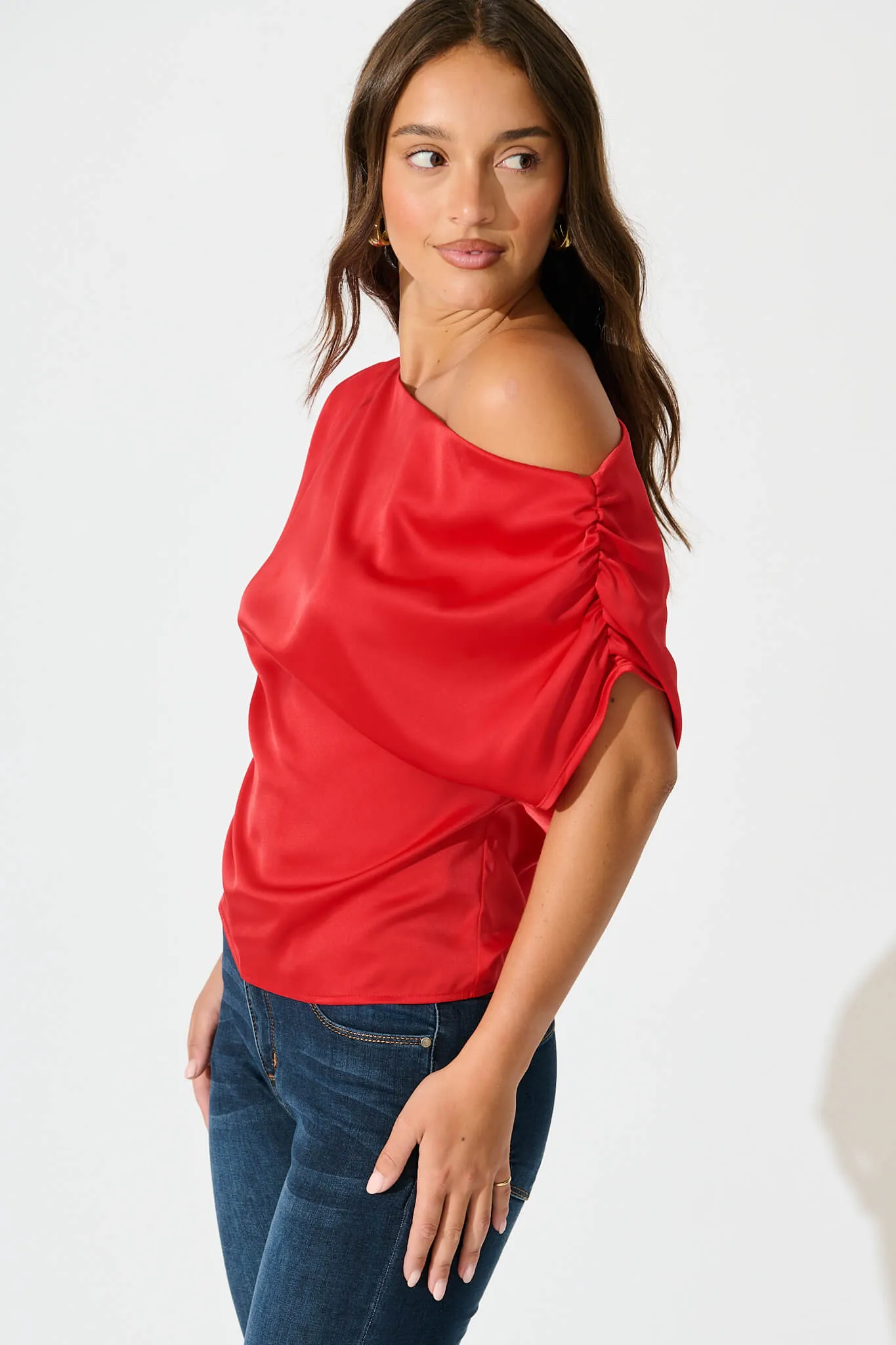 Liana Off Shoulder Top In Red Satin sold by St Frock product image thumbnail 2