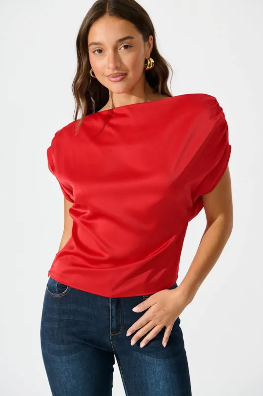 Liana Off Shoulder Top In Red Satin sold by St Frock