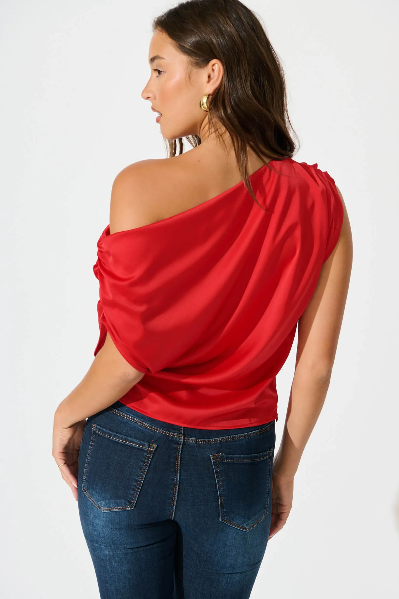 Liana Off Shoulder Top In Red Satin sold by St Frock product image thumbnail 3