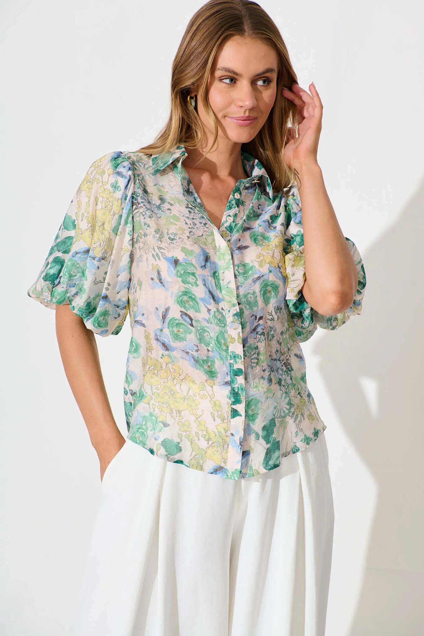 Aeryn Shirt In Green Vintage Floral sold by St Frock
