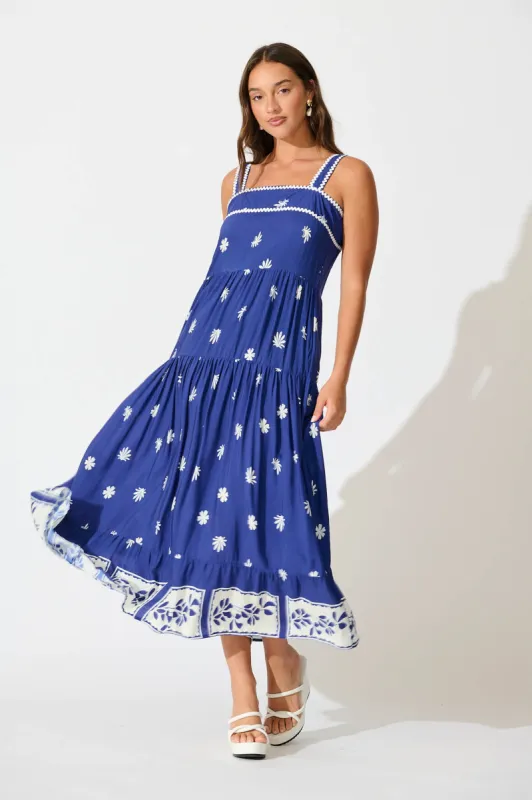 Adler Maxi Sundress in Blue with White Border Print Ric Rac sold by St Frock