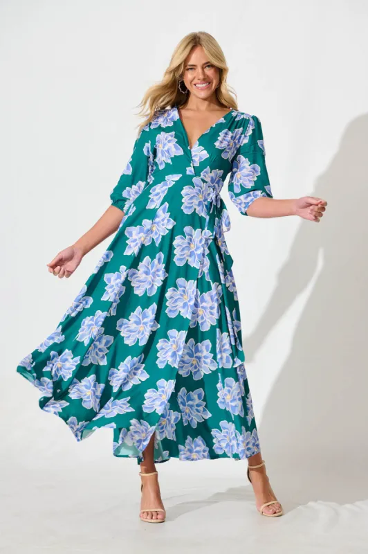 Ronda Maxi Wrap Dress In Emerald With Blue Floral sold by St Frock