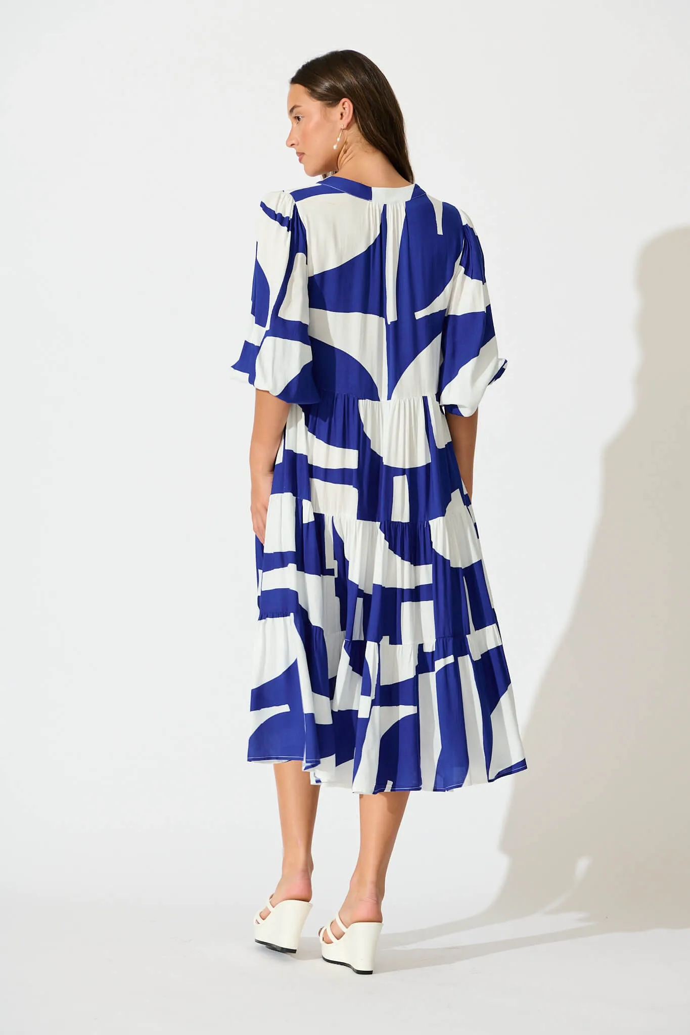 Kehlana Tiered Smock Dress In Navy Geo Print sold by St Frock product image thumbnail 4