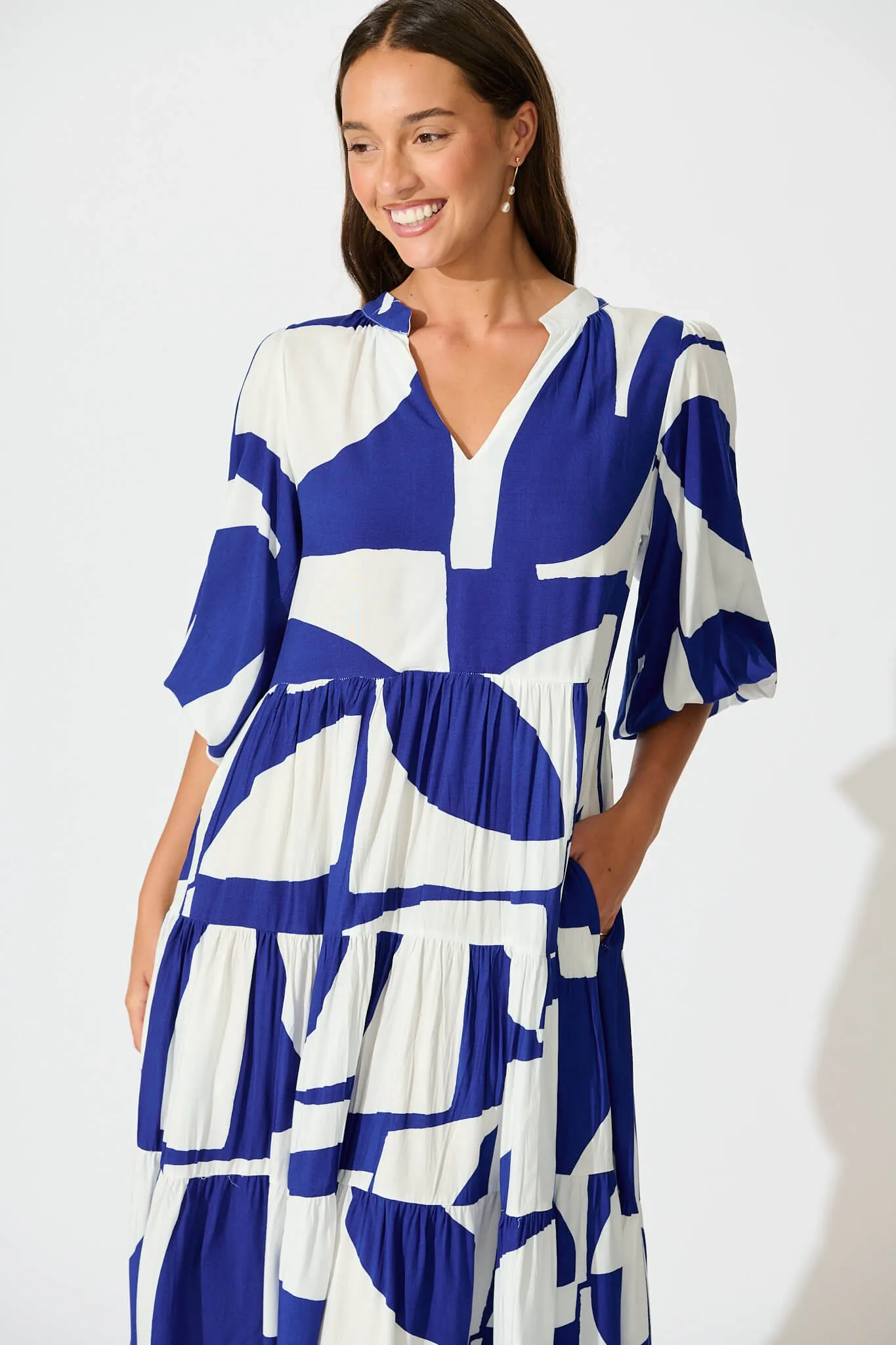Kehlana Tiered Smock Dress In Navy Geo Print sold by St Frock product image thumbnail 2