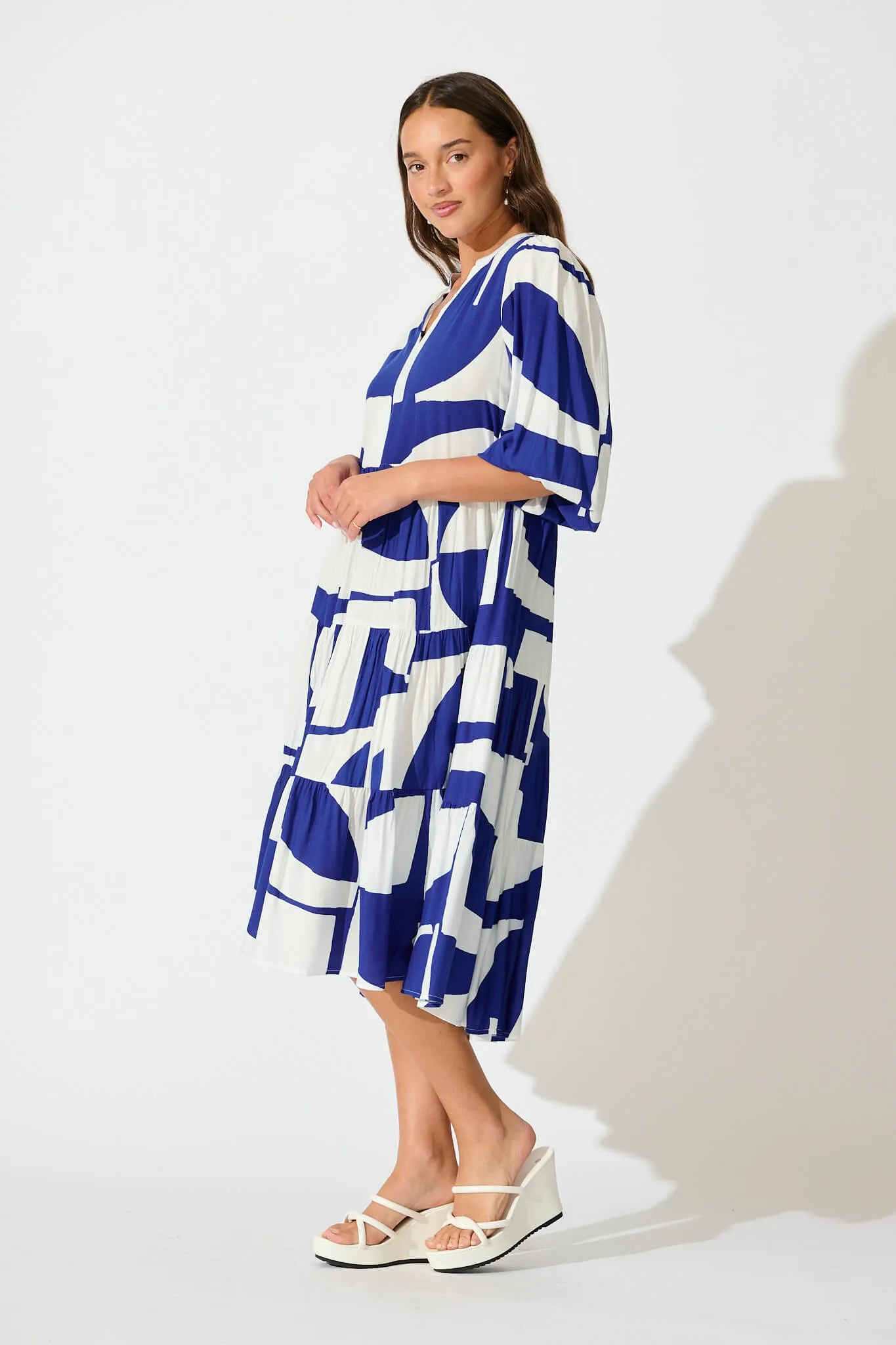 Kehlana Tiered Smock Dress In Navy Geo Print sold by St Frock product image thumbnail 3