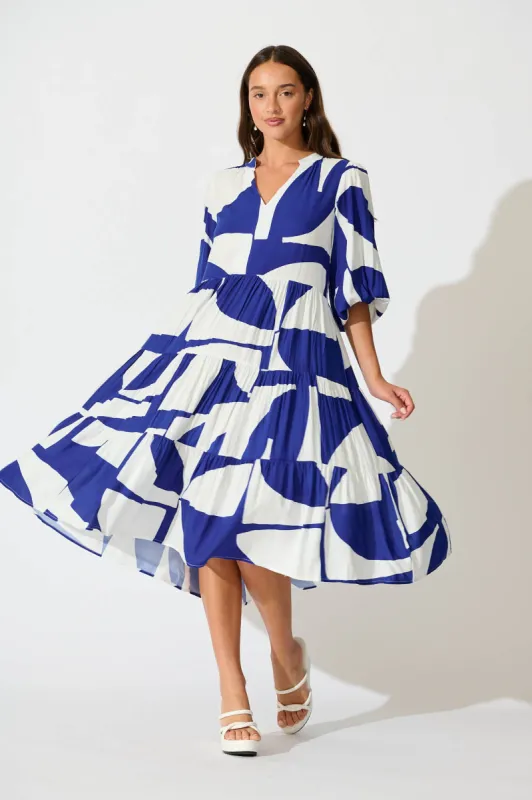Kehlana Tiered Smock Dress In Navy Geo Print sold by St Frock