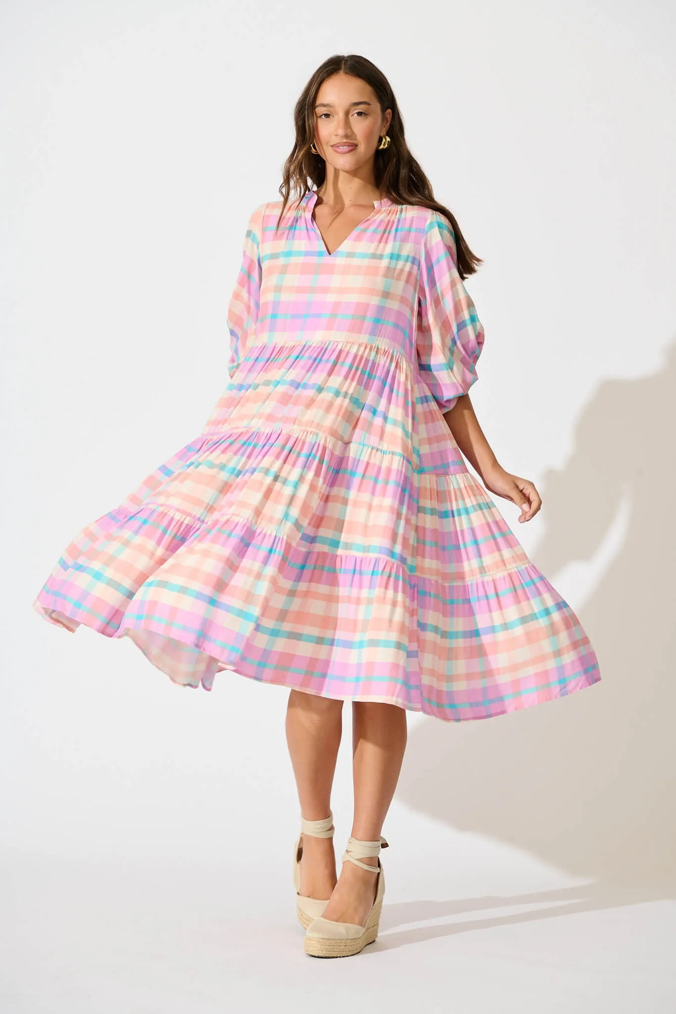 Kehlana Tiered Smock Dress In Pink Check sold by St Frock product image thumbnail 5
