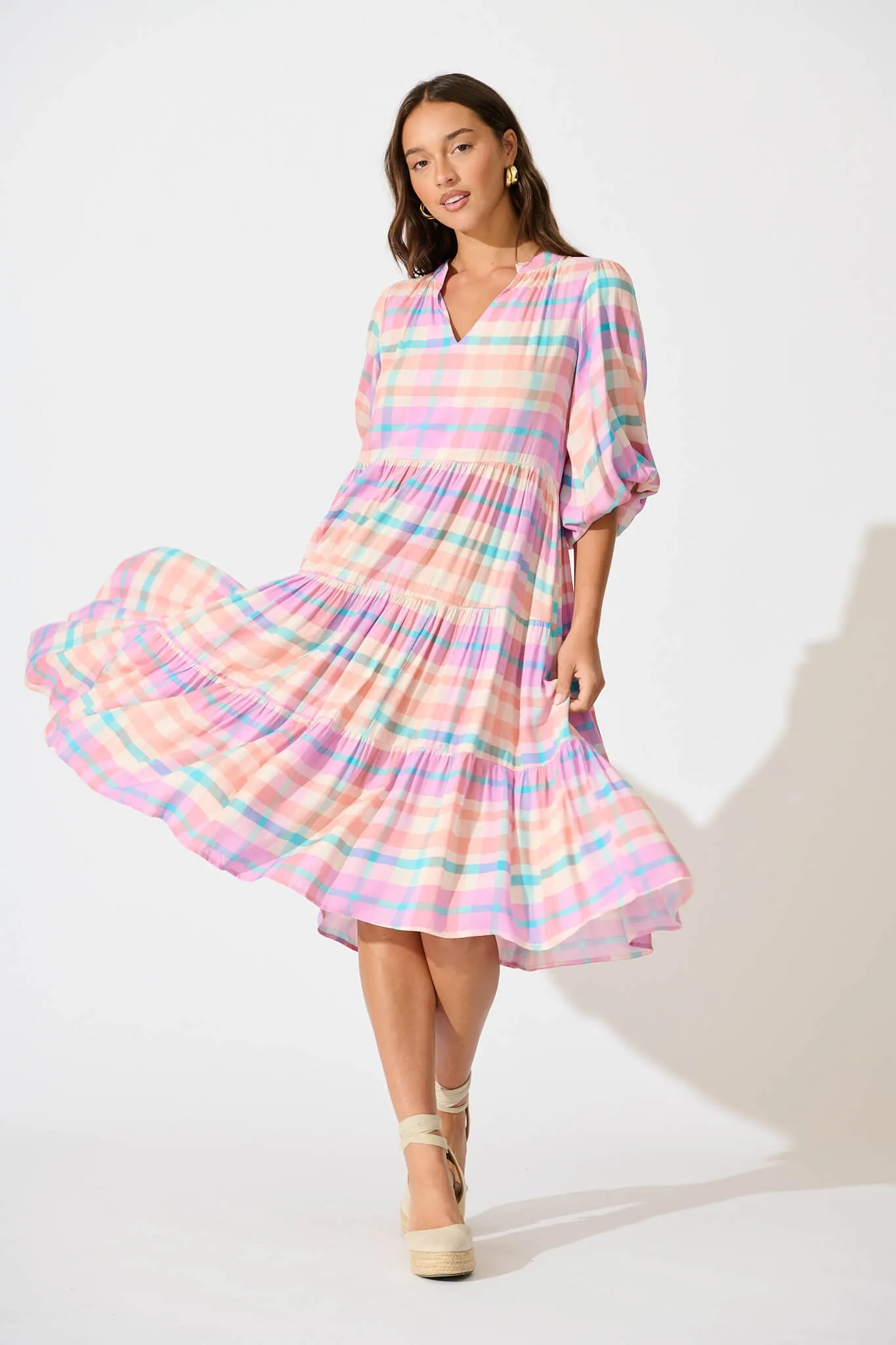 Kehlana Tiered Smock Dress In Pink Check sold by St Frock