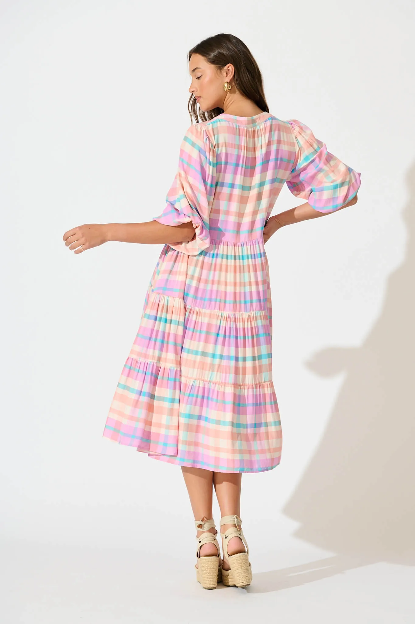 Kehlana Tiered Smock Dress In Pink Check sold by St Frock product image thumbnail 4