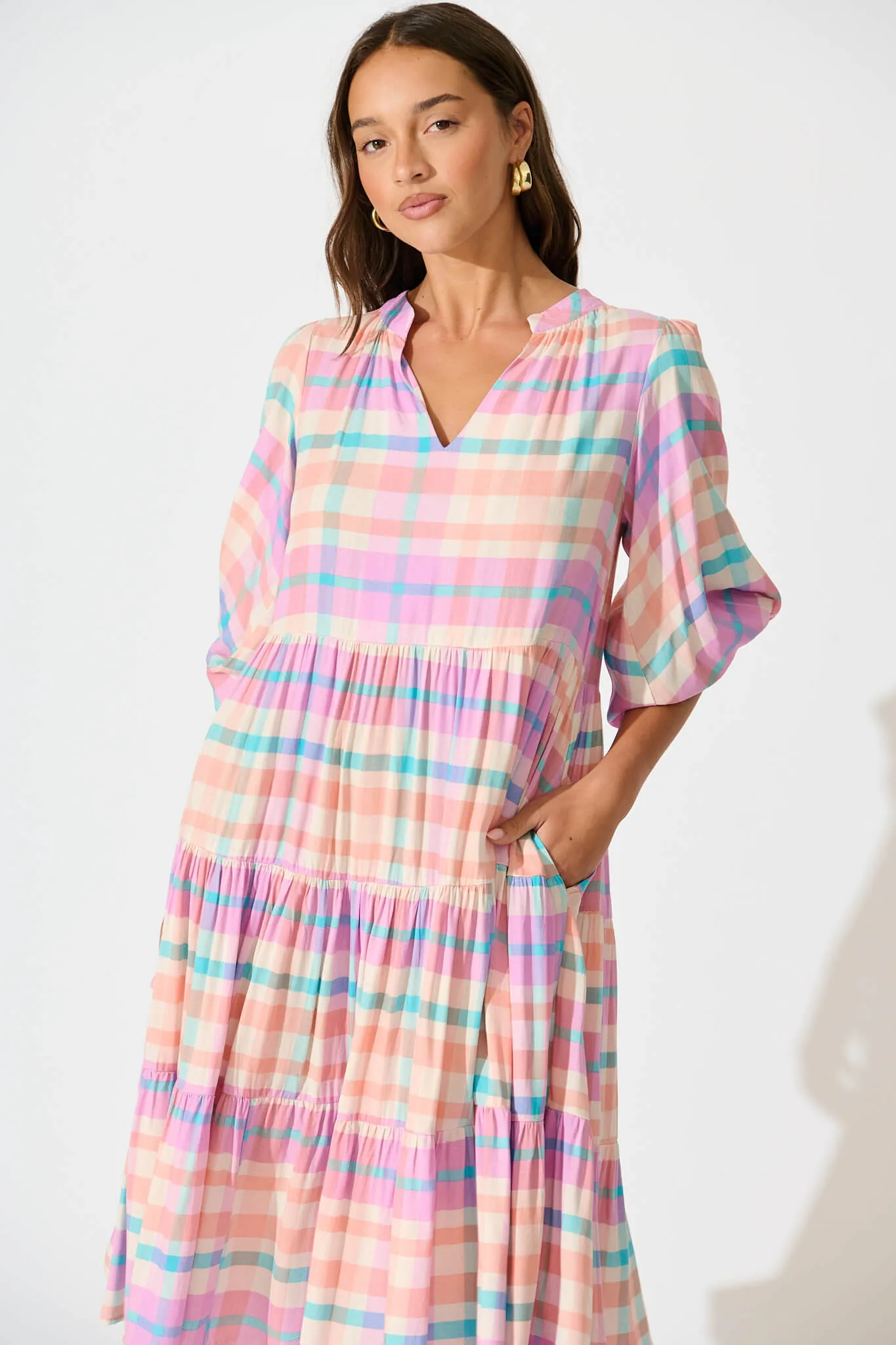 Kehlana Tiered Smock Dress In Pink Check sold by St Frock product image thumbnail 2