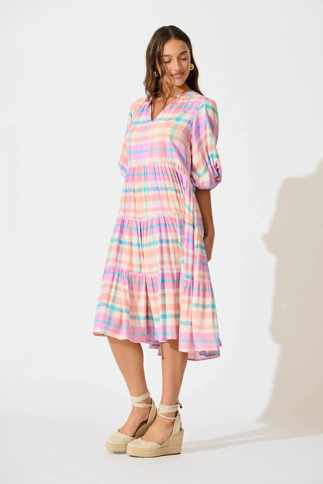 Kehlana Tiered Smock Dress In Pink Check sold by St Frock product image thumbnail 3